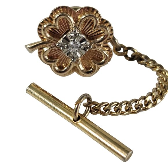 VTG 14kt Solid Yellow Gold Genuine Diamond 4 Leaf Clover Pin Tie Tack 5.48g 10mm - Picture 11 of 13
